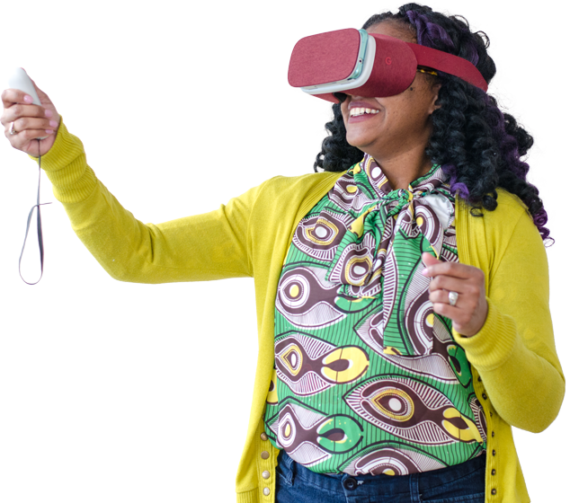 Happy person using VR cardboard.